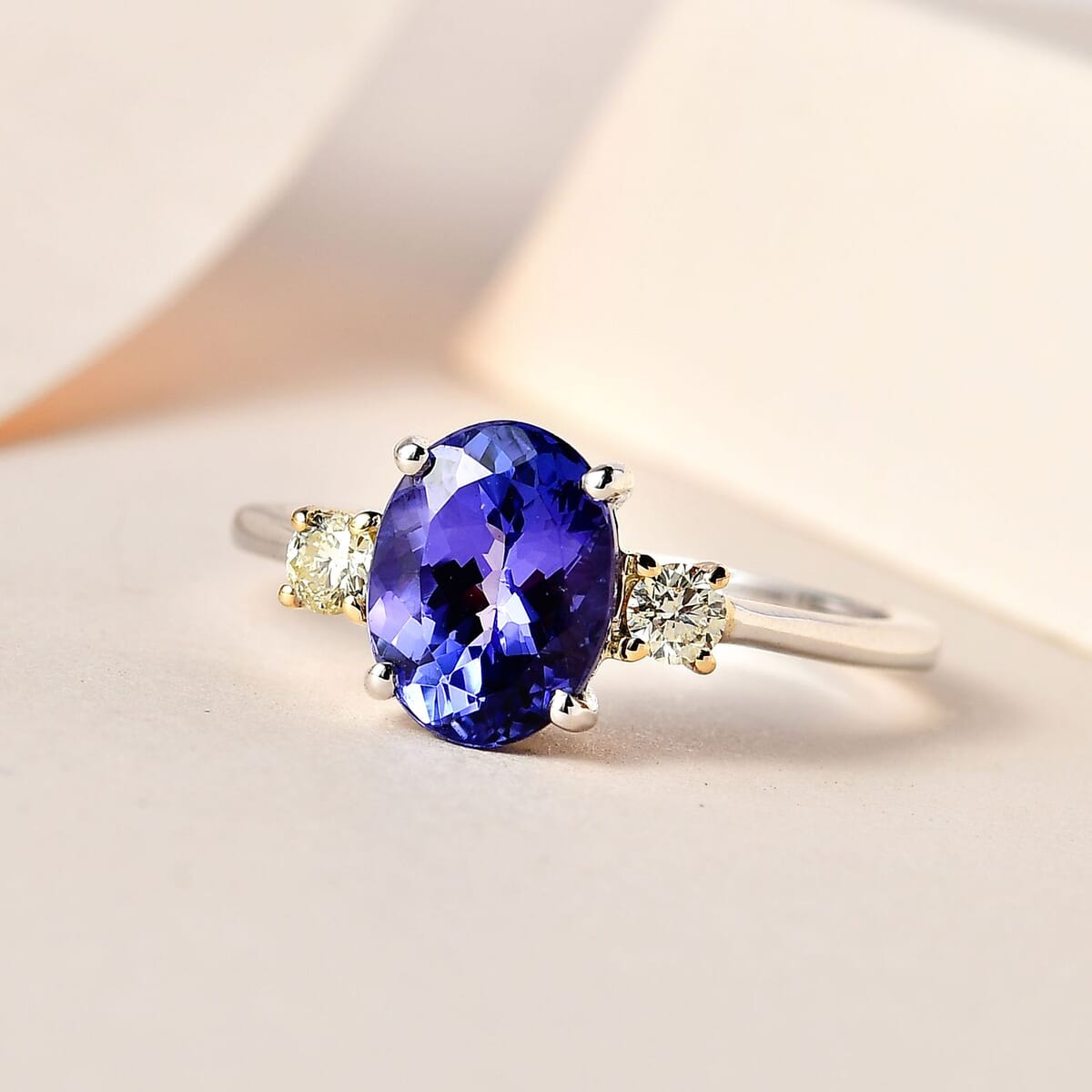 Luxoro 14K White Gold Premium Tanzanite and Natural Yellow Diamond I3 Trilogy Ring (Size 8.0) 2.15 ctw (Del. in 7-10 Days) image number 1