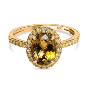 Luxoro 14K Yellow Gold Premium Golden Tanzanite and I3 Natural Yellow Diamond Halo Ring (Size 6.0) 2.25 ctw