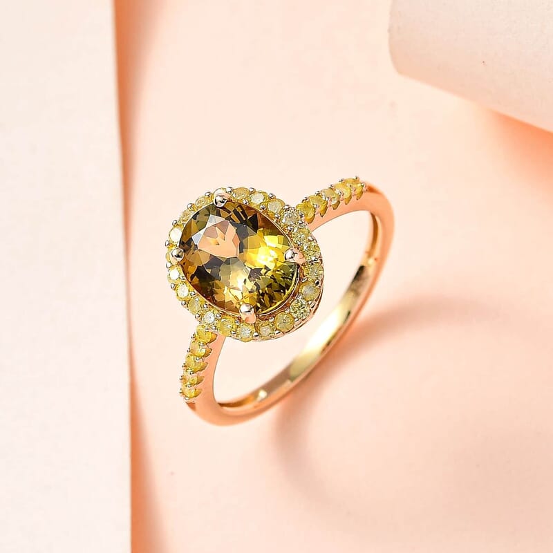 Luxoro 14K Yellow Gold Premium Golden Tanzanite and I3 Natural Yellow Diamond Halo Ring (Size 6.0) 2.25 ctw