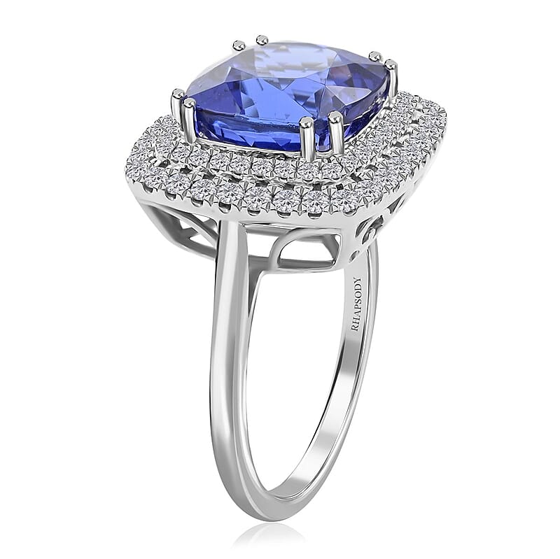 Certified & Appraised Rhapsody 950 Platinum AAAA Tanzanite and E-F VS Diamond Double Halo Ring (Size 10.0) 9.10 Grams 7.75 ctw