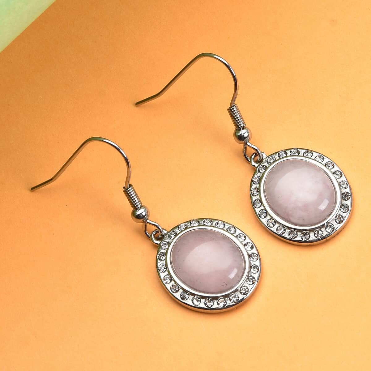 Galilea Rose Quartz (Ovl 12x10 mm), Austrian Crystal Dangle Earrings in Stainless Steel 4.50 ctw image number 1