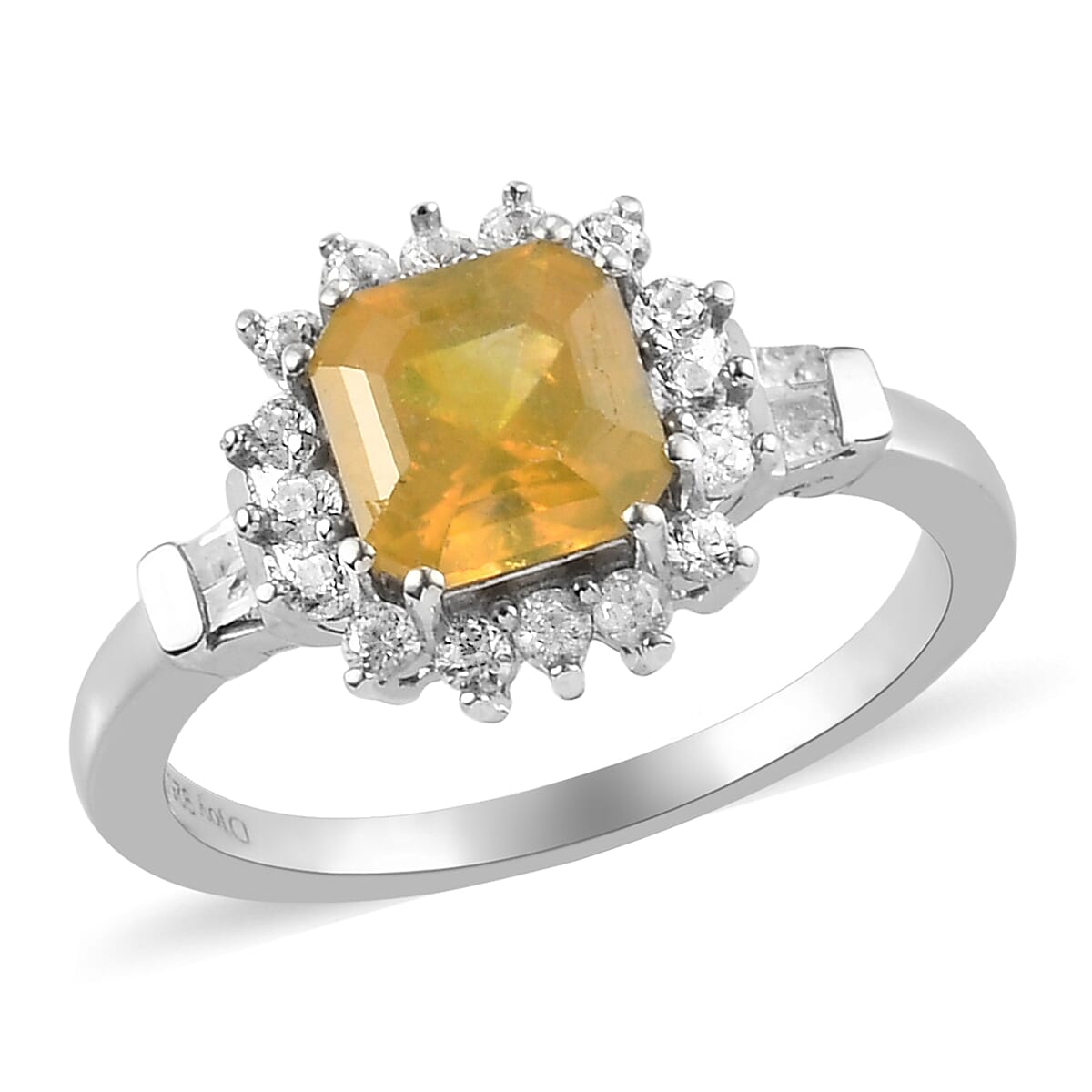 Yellow Sapphire (FF), Natural White Zircon and Diamond Ring in Platinum Over Sterling Silver (Size 10.0) 1.90 ctw