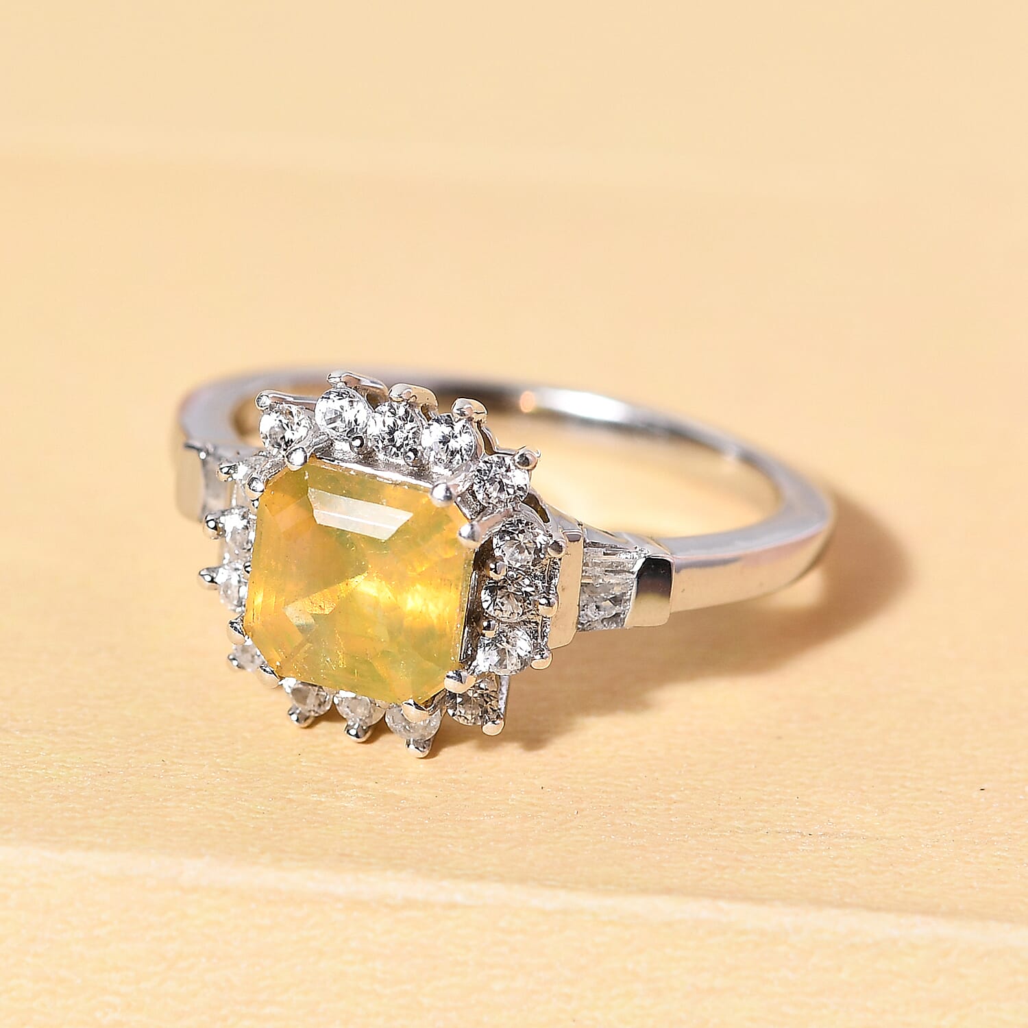 Yellow Sapphire (FF), Natural White Zircon and Diamond Ring in Platinum Over Sterling Silver (Size 10.0) 1.90 ctw