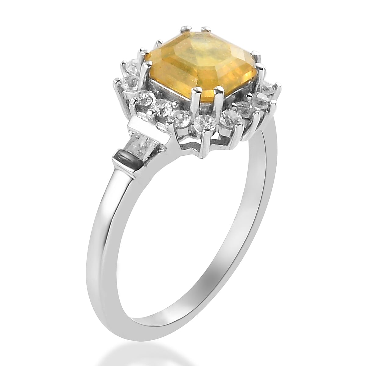 Yellow Sapphire (FF), Natural White Zircon and Diamond Ring in Platinum Over Sterling Silver (Size 10.0) 1.90 ctw