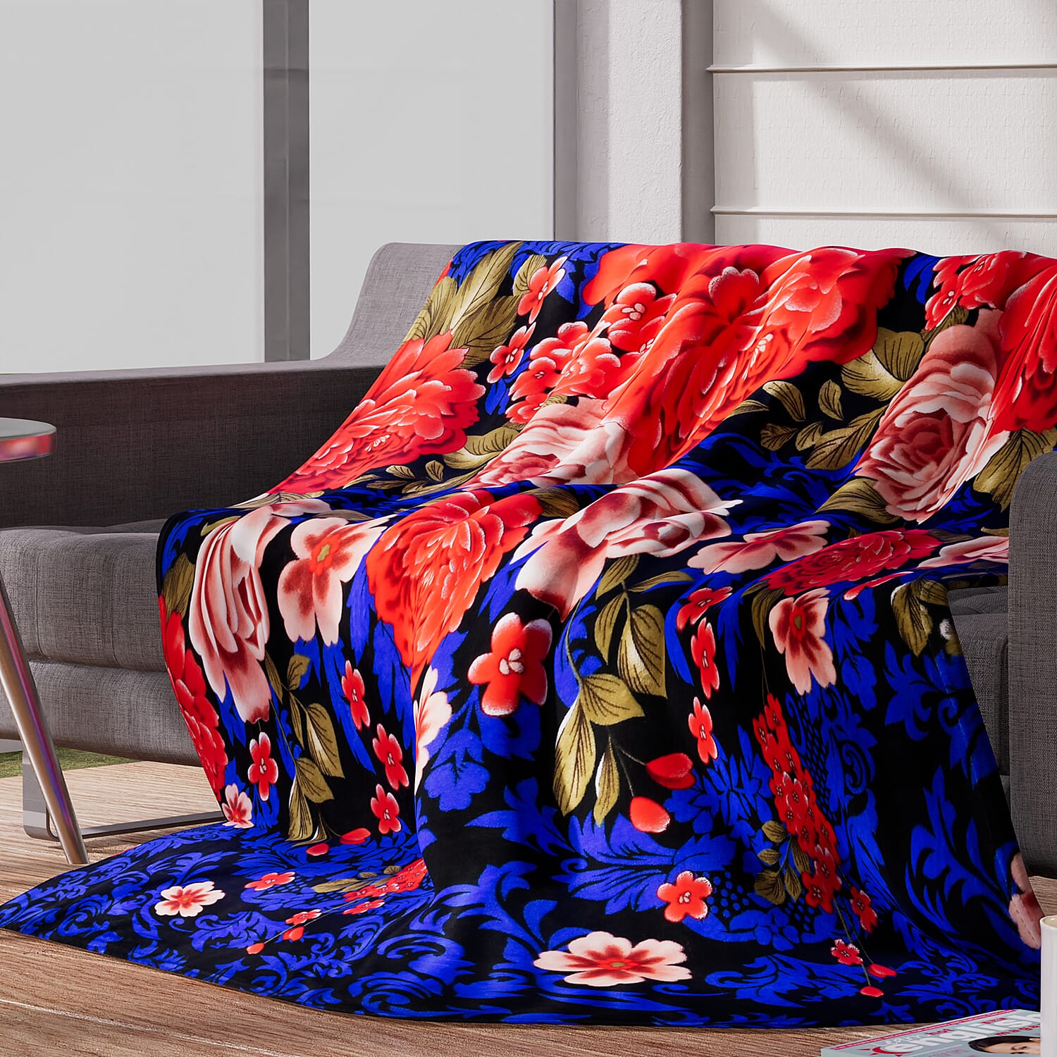 Homesmart Red Bright Peony Pattern Microfiber Single Layer Flannel Blanket