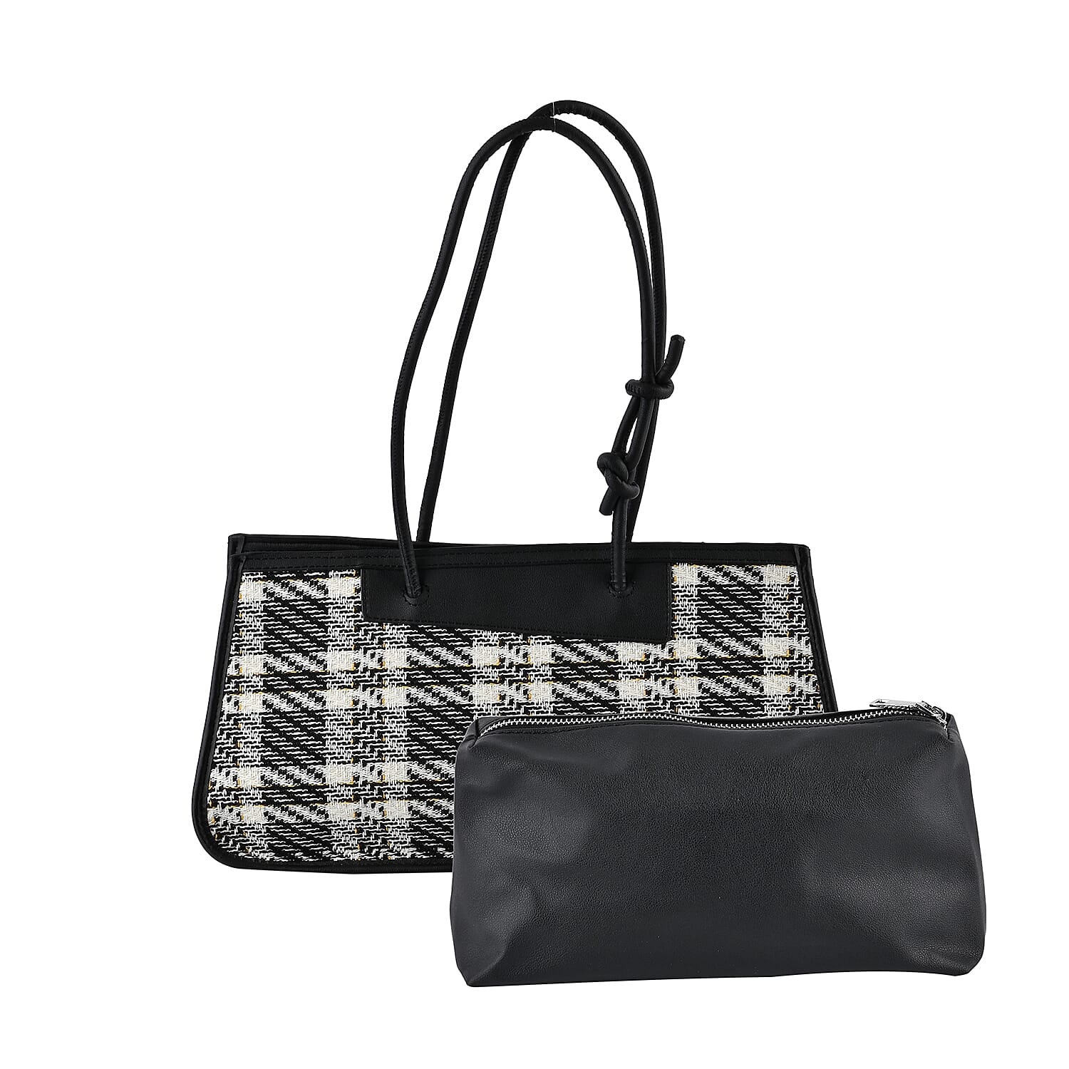 Black and White Plaid Pattern Faux Leather Tote Bag and Cosmetic Bag