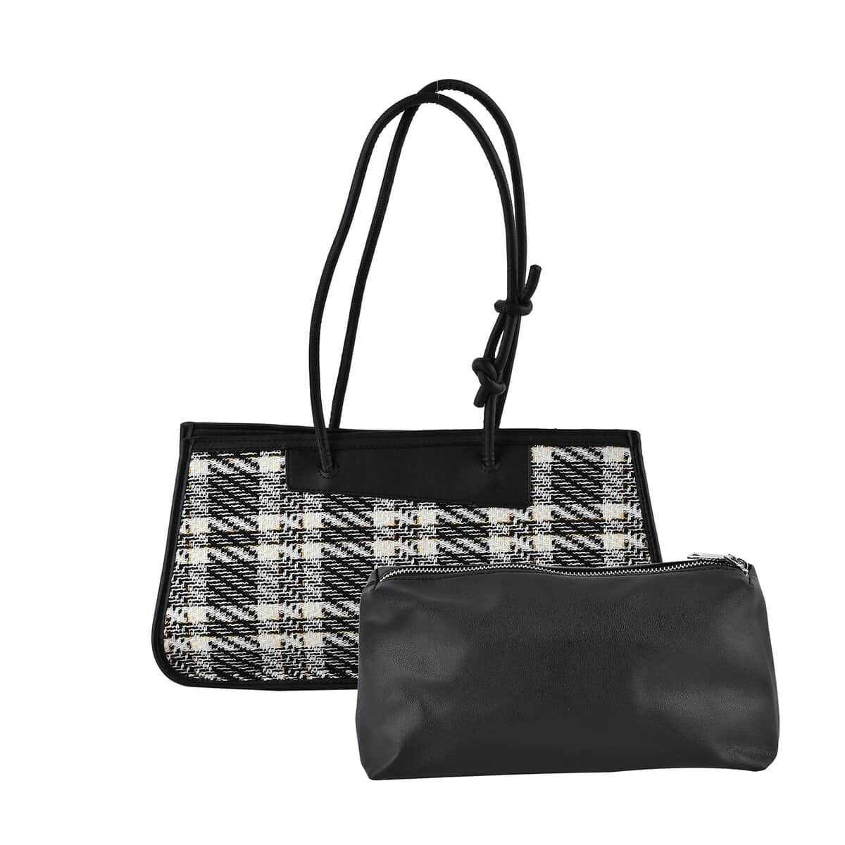 Black and White Plaid Pattern Faux Leather Tote Bag (15.6"x7.9"x5.5") and Cosmetic Bag (9.5"x3"x4.3") image number 0