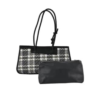 Black and White Plaid Pattern Faux Leather Tote Bag and Cosmetic Bag