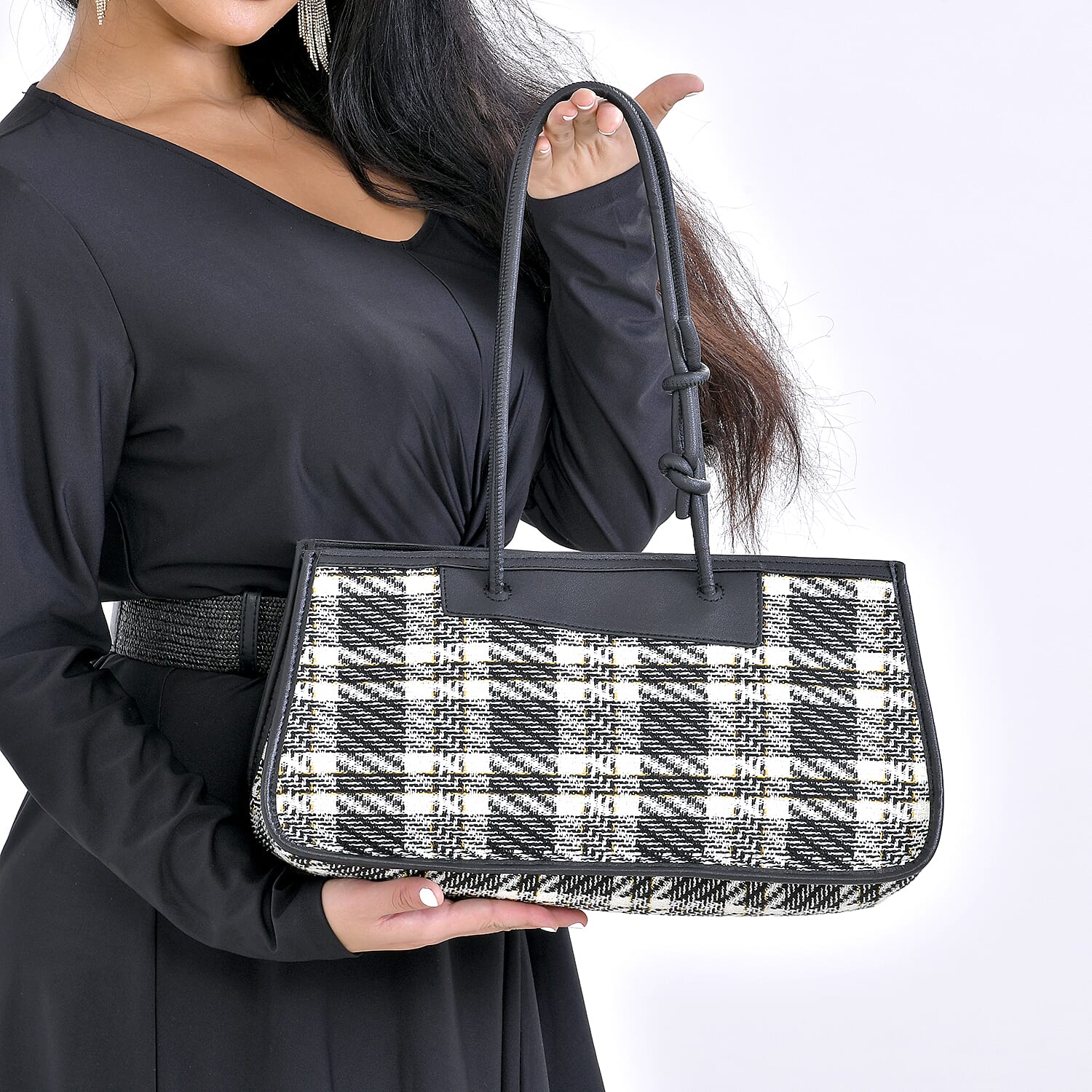 Black and White Plaid Pattern Faux Leather Tote Bag and Cosmetic Bag