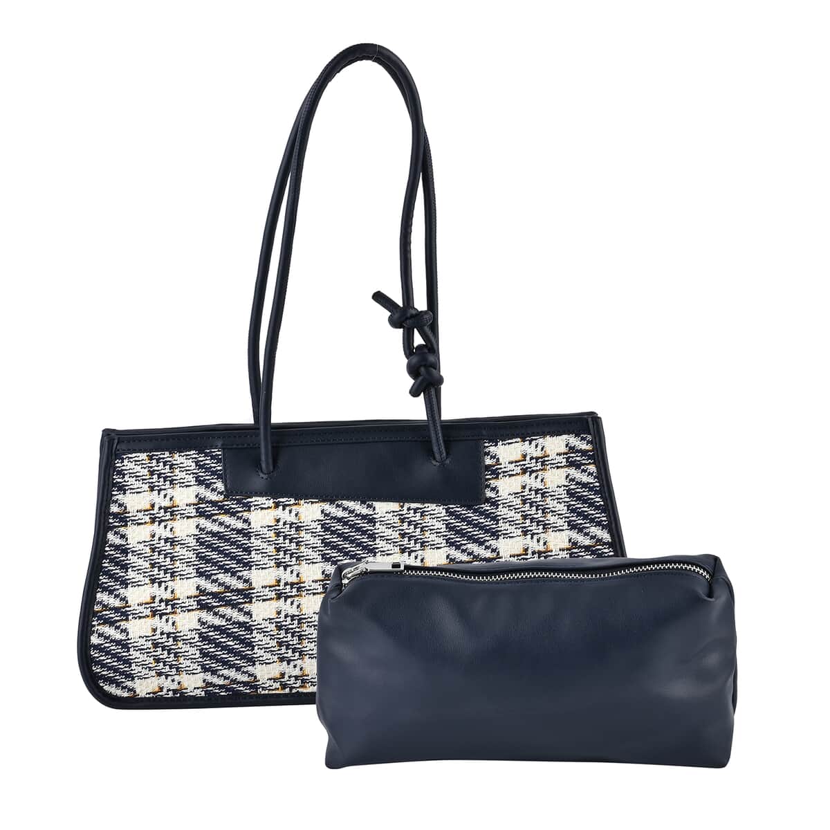 Navy Blue and White Plaid Pattern Faux Leather Tote Bag and Cosmetic Bag image number 0