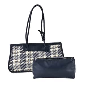 Navy Blue and White Plaid Pattern Faux Leather Tote Bag and Cosmetic Bag