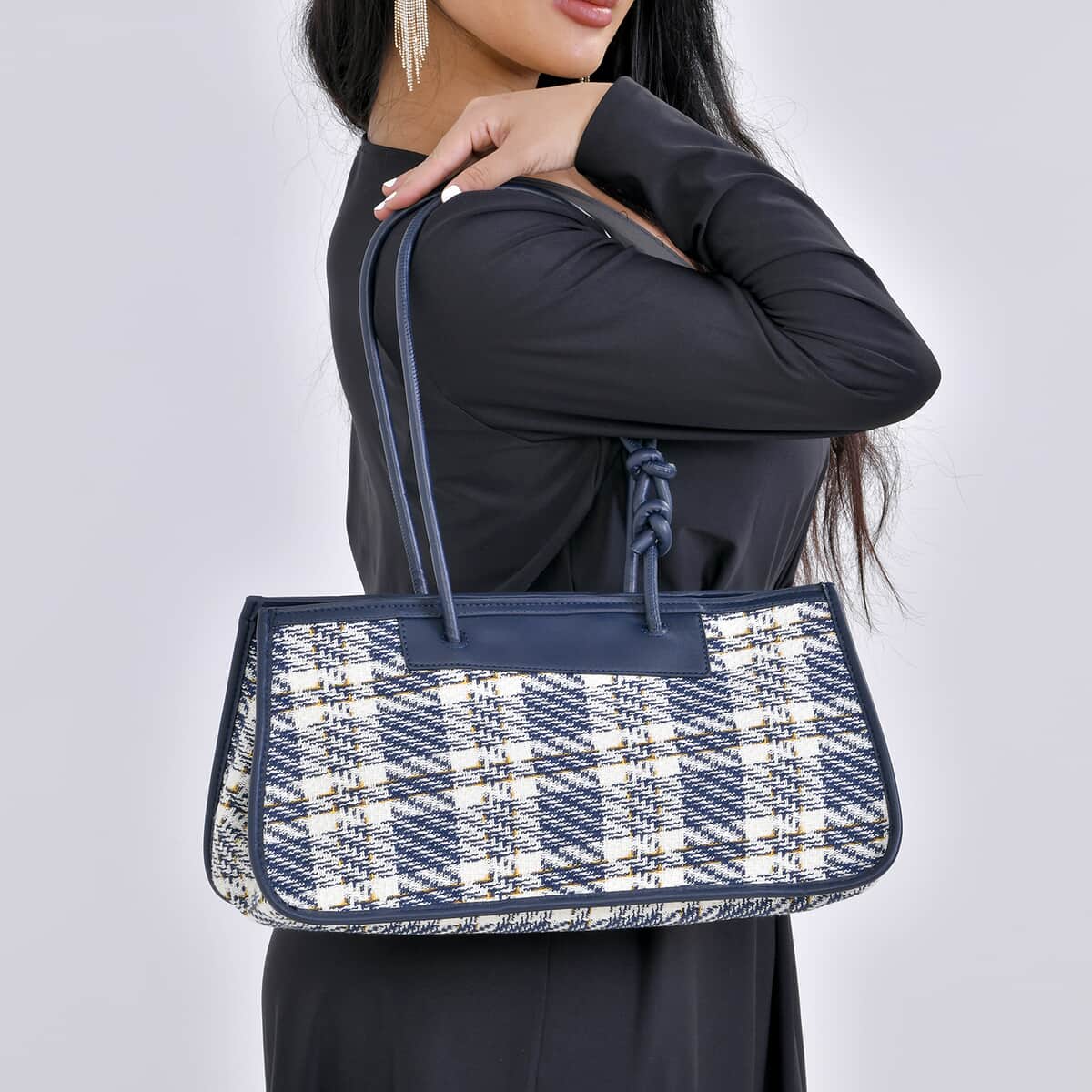 Navy Blue and White Plaid Pattern Faux Leather Tote Bag and Cosmetic Bag image number 2