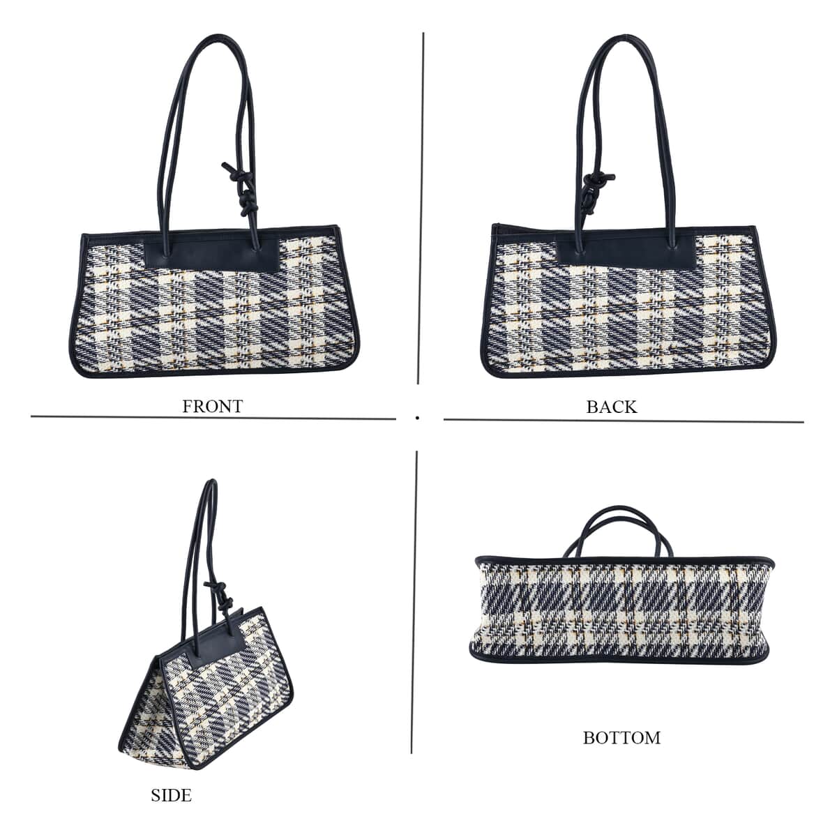 Navy Blue and White Plaid Pattern Faux Leather Tote Bag and Cosmetic Bag image number 3