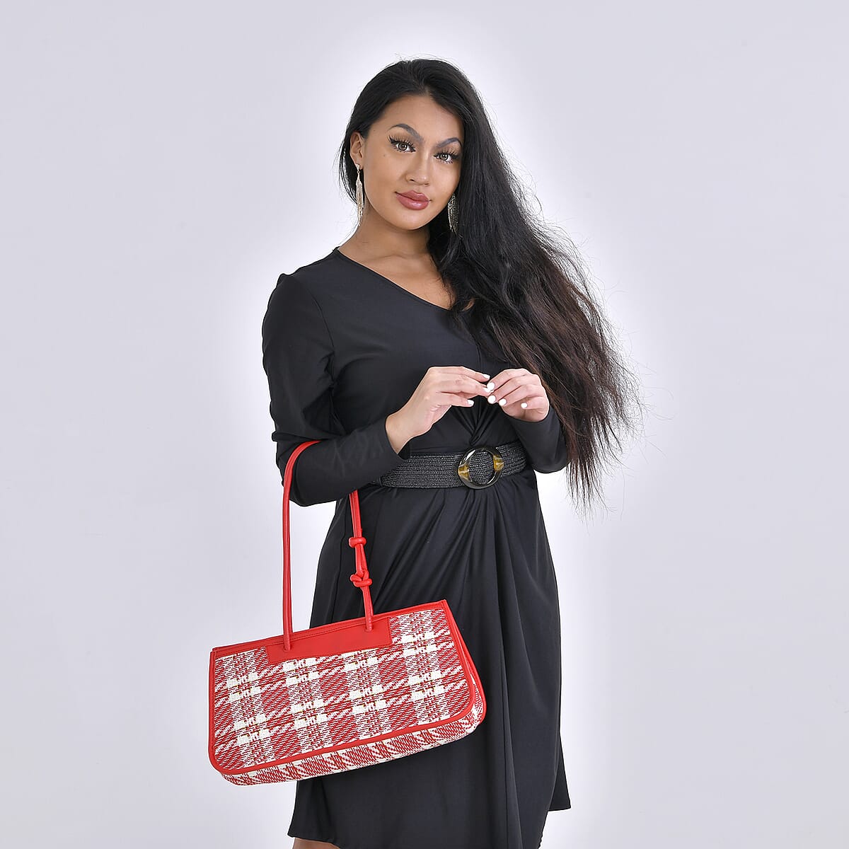 Red and White Faux Leather Tote Bag and Cosmetic Bag image number 1