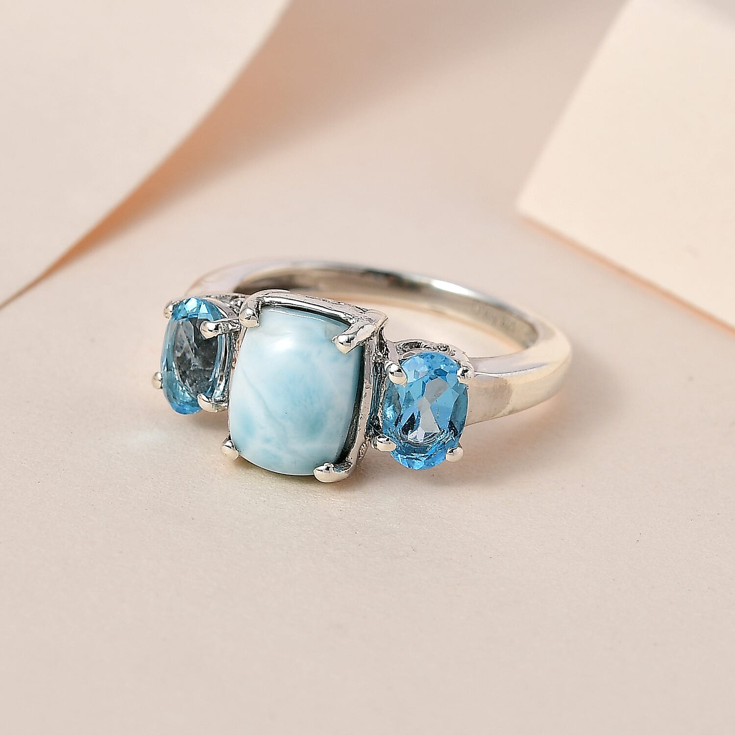 Larimar and Swiss Blue Topaz 3 Stone Ring in Platinum Over Sterling Silver (Size 10.0) 2.85 ctw