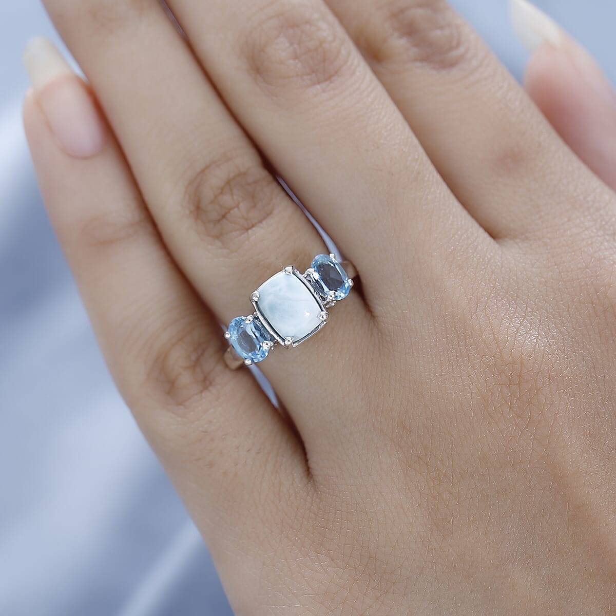 Larimar and Swiss Blue Topaz 3 Stone Ring in Platinum Over Sterling Silver 2.85 ctw image number 2