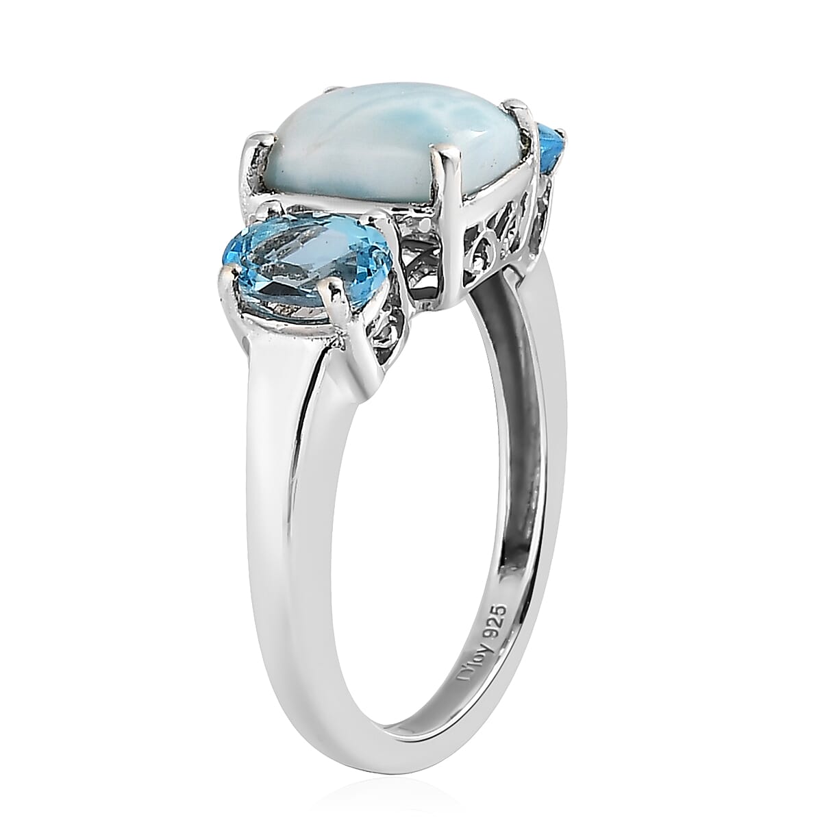 Larimar and Swiss Blue Topaz 3 Stone Ring in Platinum Over Sterling Silver (Size 10.0) 2.85 ctw