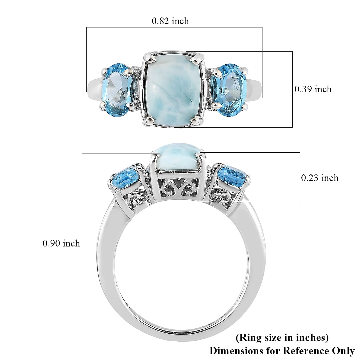Larimar and Swiss Blue Topaz 3 Stone Ring in Platinum Over Sterling Silver (Size 10.0) 2.85 ctw