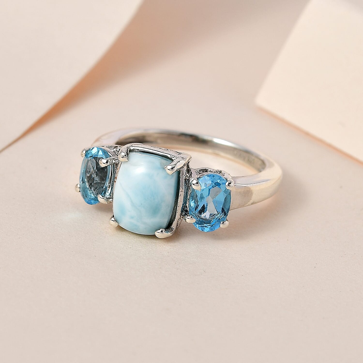 Buy Larimar and Swiss Blue Topaz 3 Stone Ring in Platinum Over
