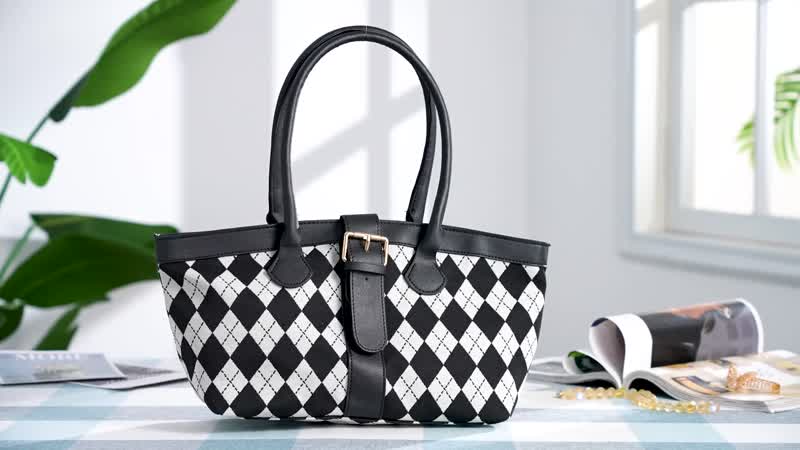 Black and White Checkered Pattern Faux Leather Tote Bag (11.6"x5.4"x7.4")