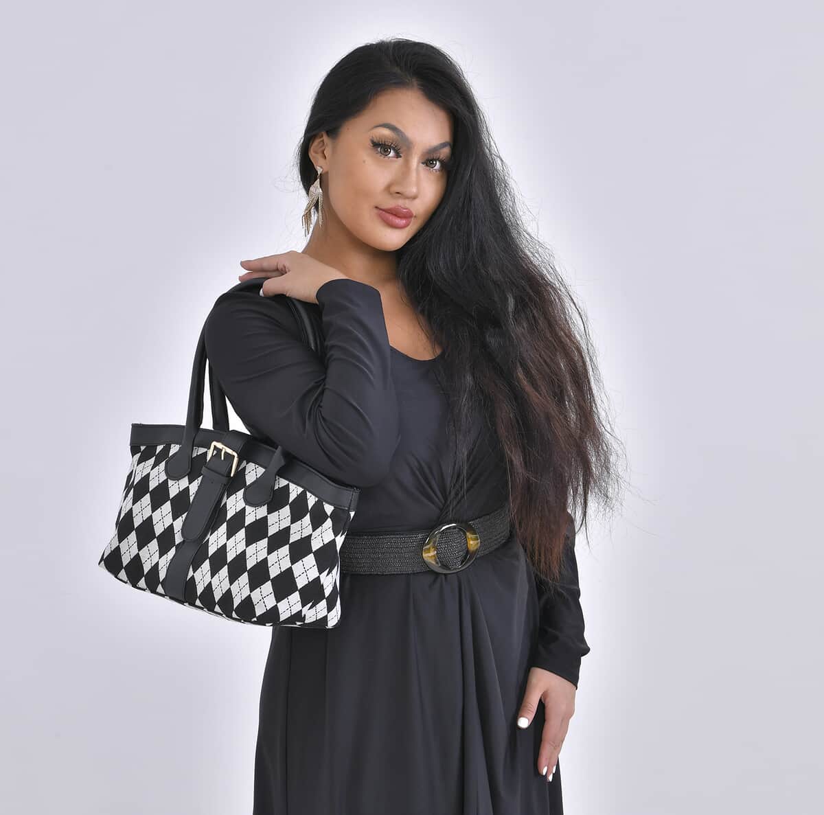 Black and White Checkered Pattern Faux Leather Tote Bag image number 1