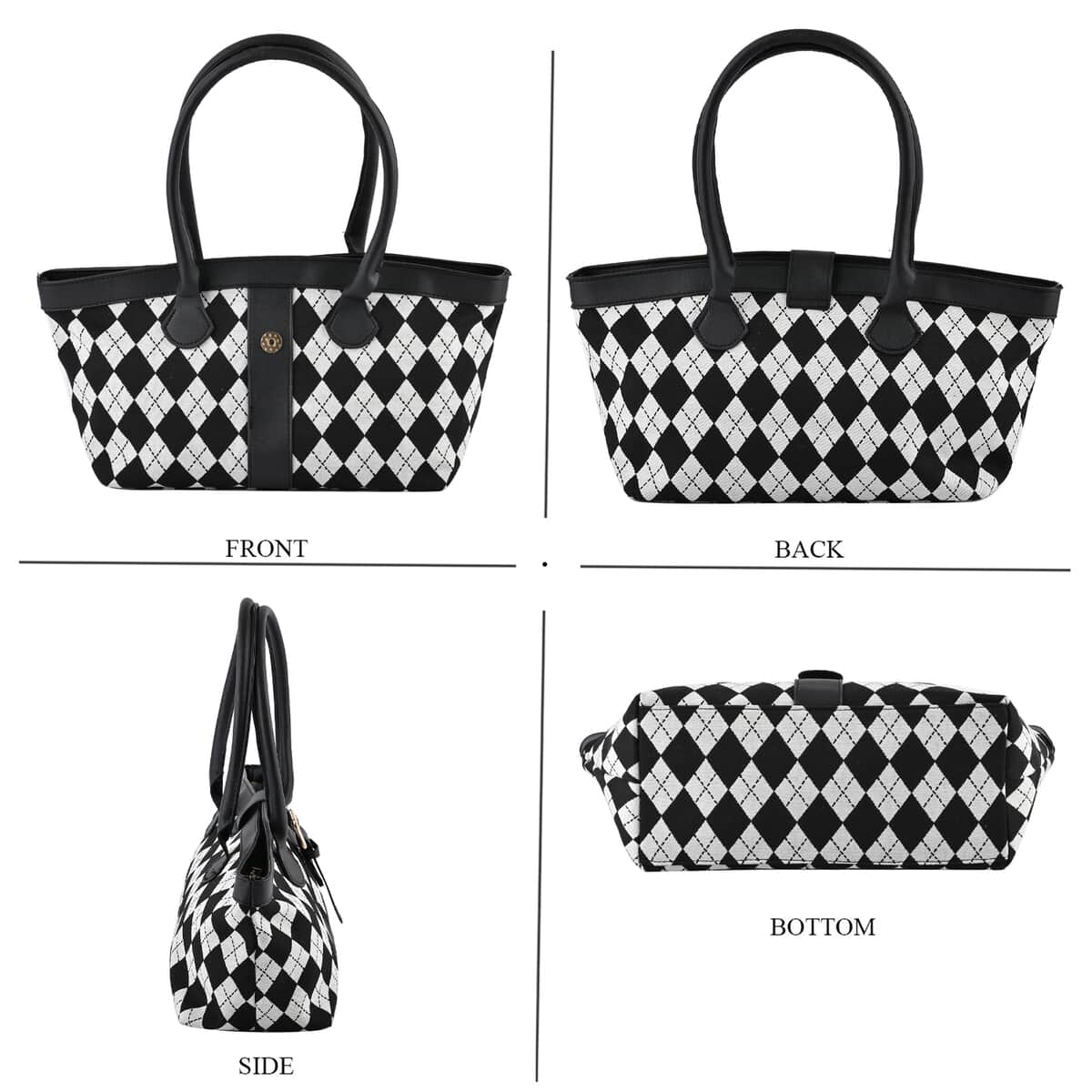 Black and White Checkered Pattern Faux Leather Tote Bag image number 3