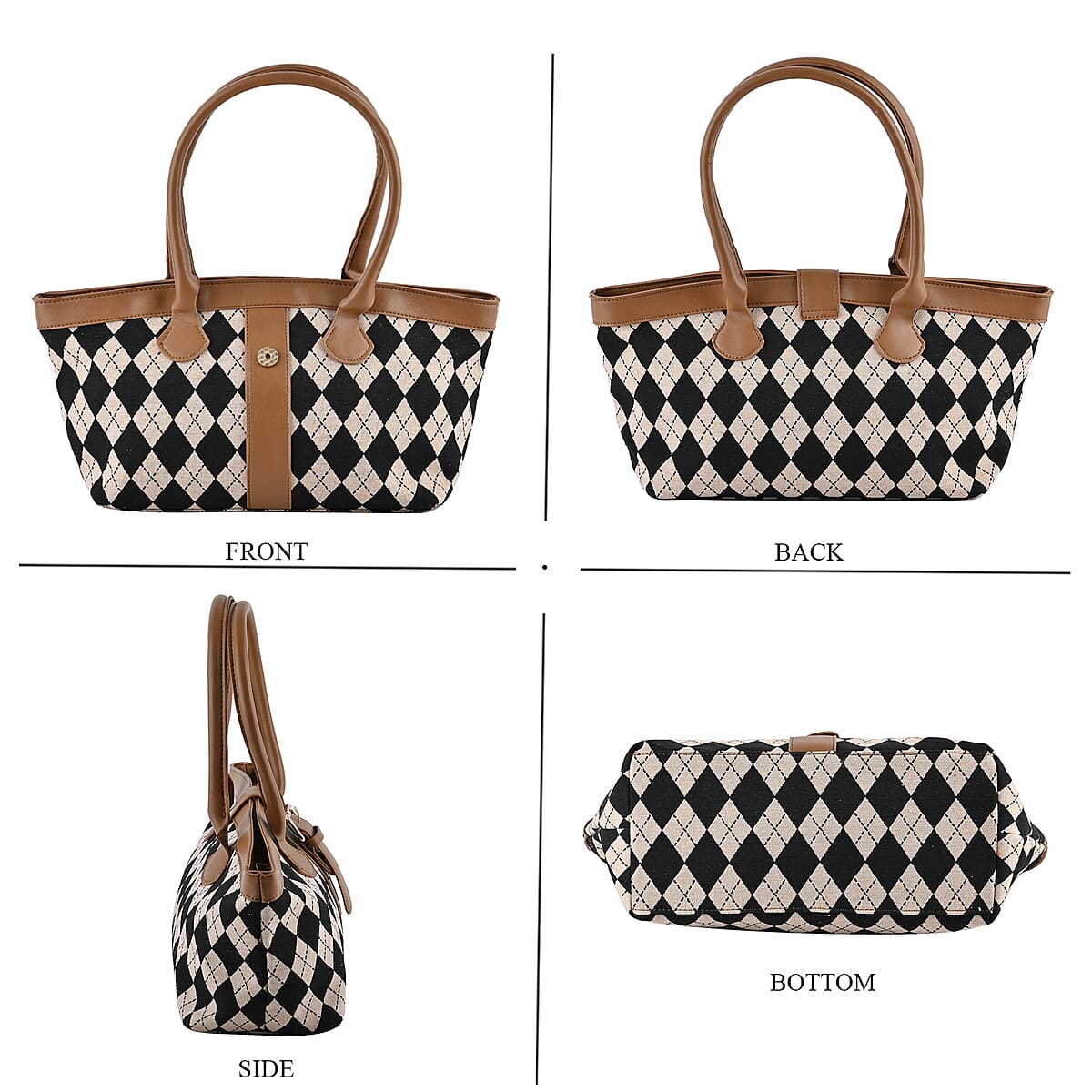 Black and Khaki Checkered Pattern Faux Leather Tote Bag image number 3