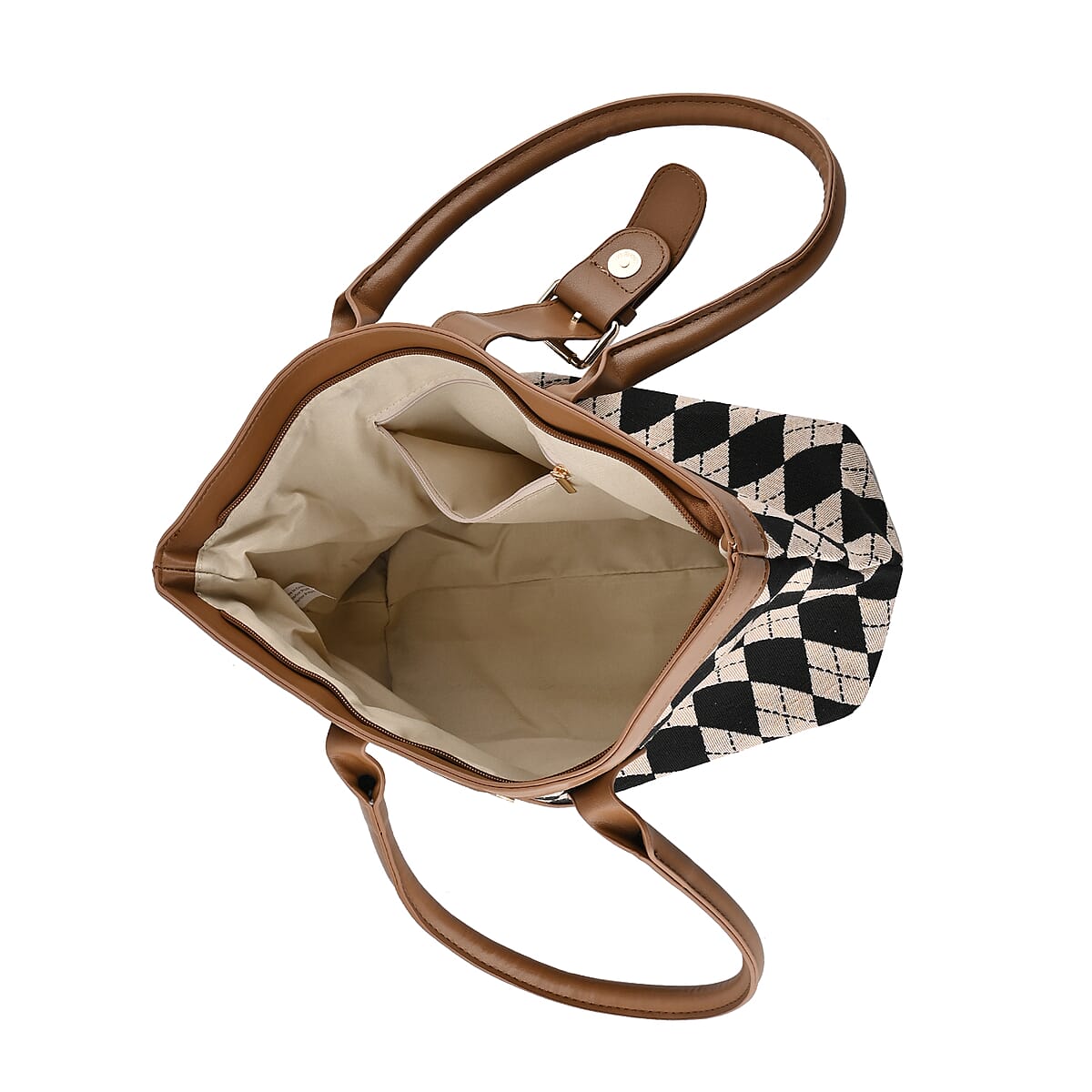 Black and Khaki Checkered Pattern Faux Leather Tote Bag image number 4