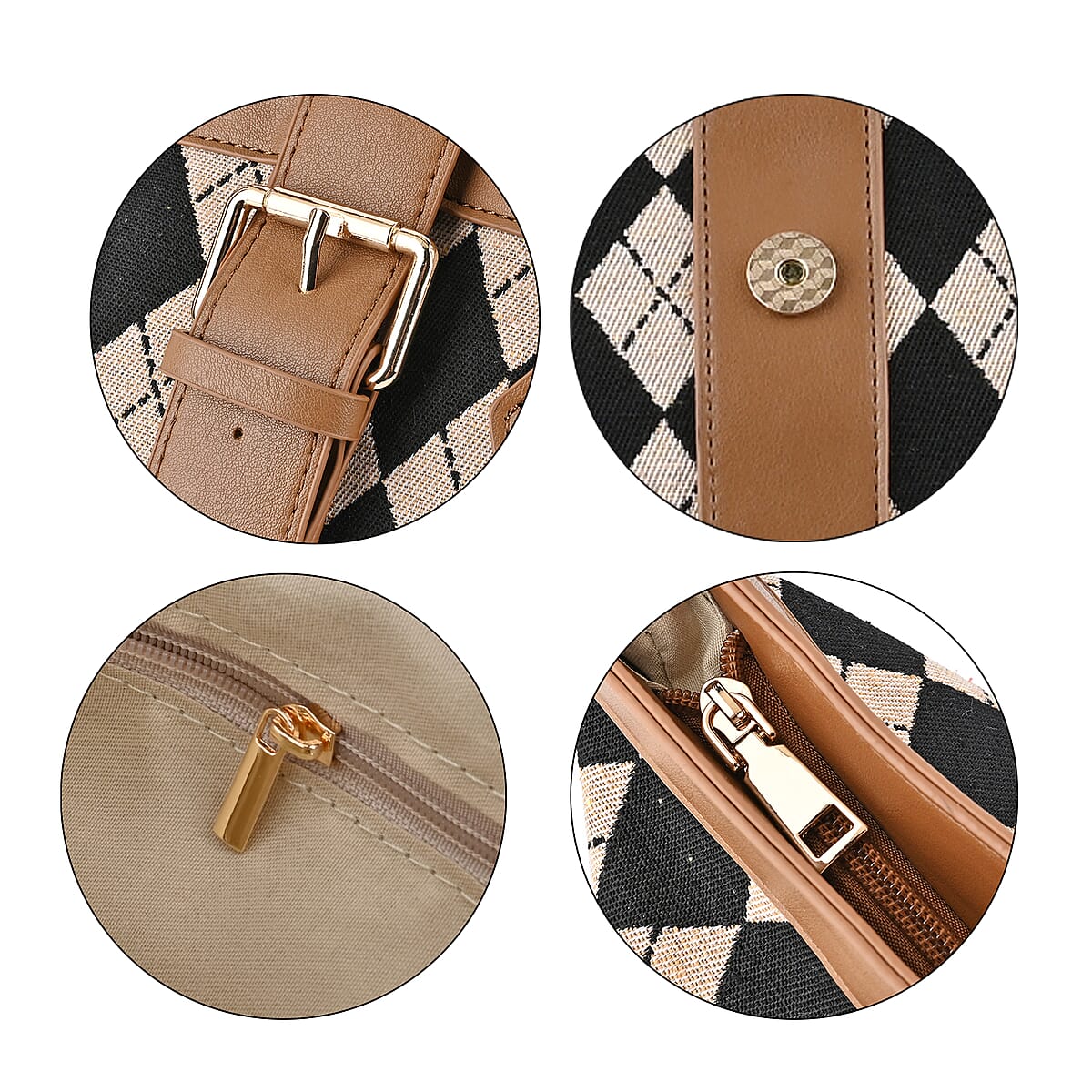 Black and Khaki Checkered Pattern Faux Leather Tote Bag image number 5