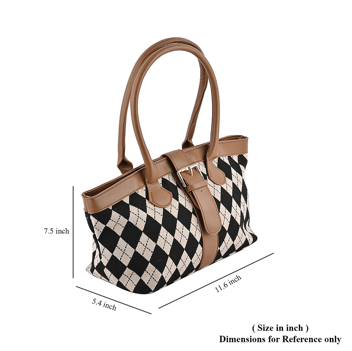 Black and Khaki Checkered Pattern Faux Leather Tote Bag image number 6