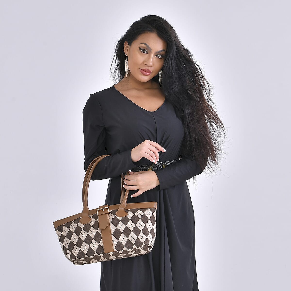 Brown and Khaki Checkered Pattern Faux Leather Tote Bag image number 1