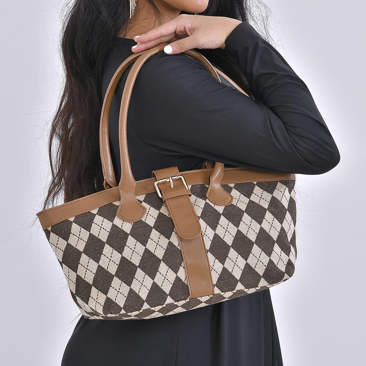 Brown and Khaki Checkered Pattern Faux Leather Tote Bag image number 2