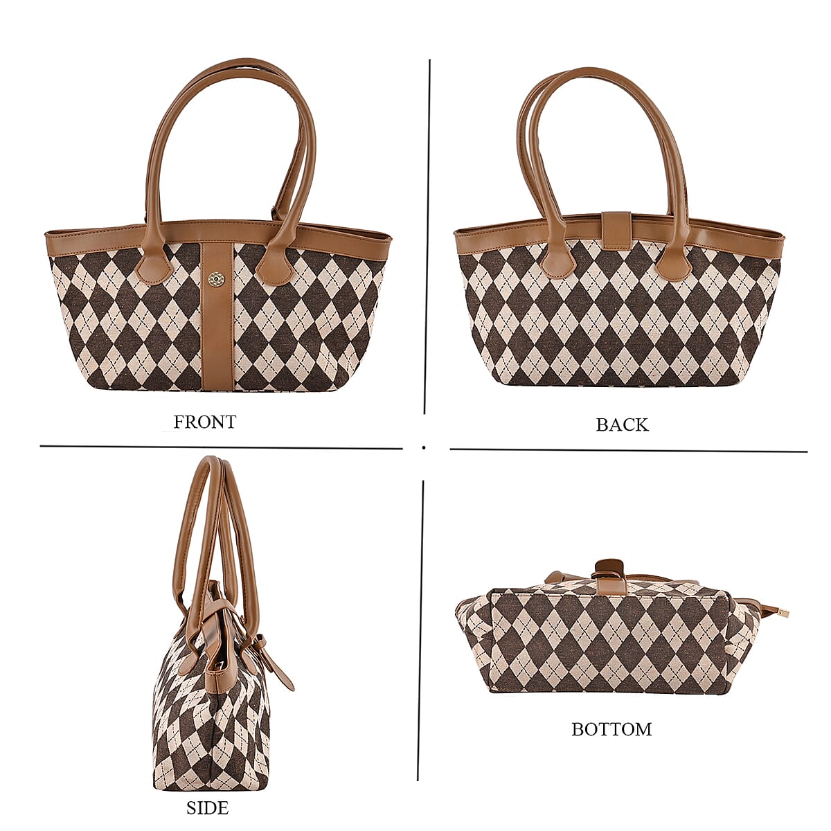 Brown and Khaki Checkered Pattern Faux Leather Tote Bag image number 3