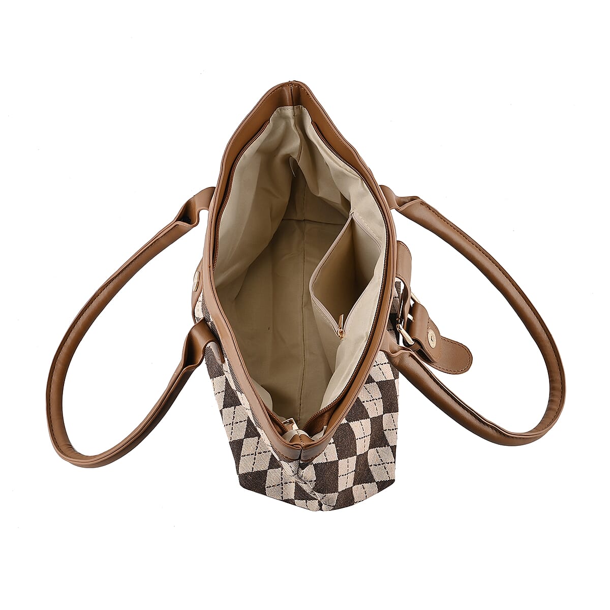 Brown and Khaki Checkered Pattern Faux Leather Tote Bag image number 4