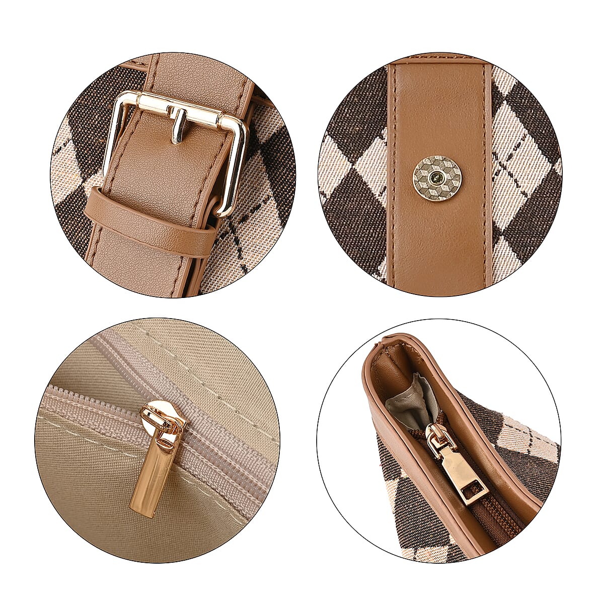 Brown and Khaki Checkered Pattern Faux Leather Tote Bag image number 5