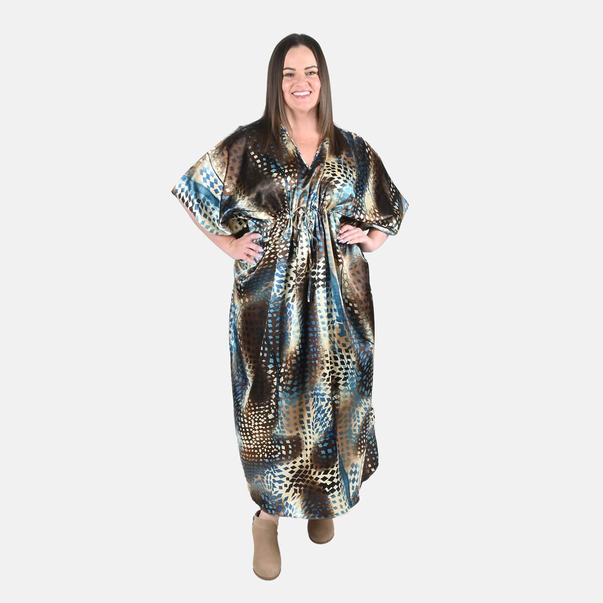 Winlar Teal Cheetah Print Kaftan with Drawstring - One Size Fits Most image number 0