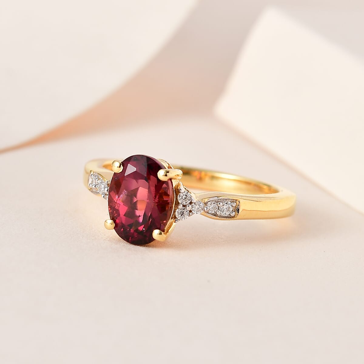 Premium Ouro Fino Rubellite, Moissanite Ring in Vermeil YG Over Sterling Silver (Size 10.0) 1.50 ctw image number 1