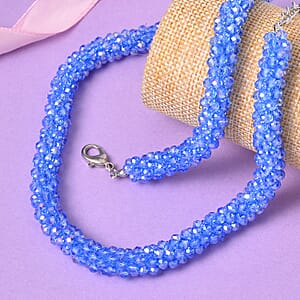 Blue Magic Color Glass Beaded Necklace 20-22 Inches in Silvertone