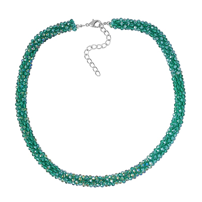 Green Magic Color Glass Beaded Necklace in Silvertone 20-20 Inches