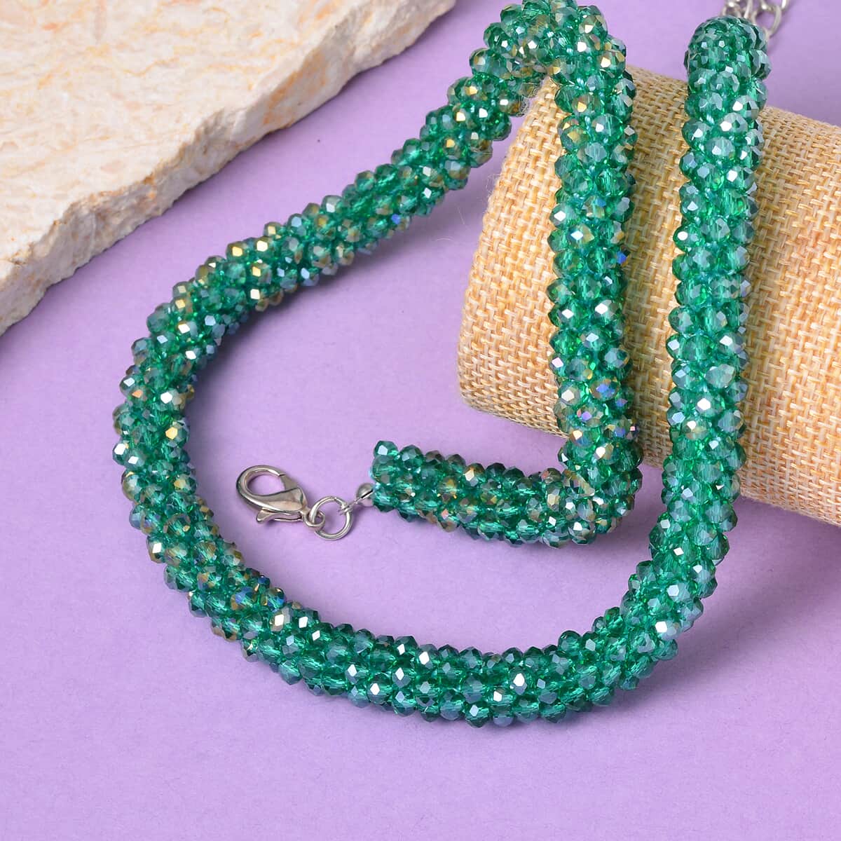 Green Magic Color Glass Beaded Necklace in Silvertone 20-20 Inches image number 1