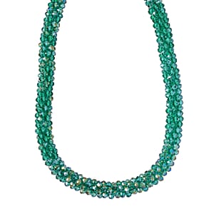 Green Magic Color Glass Beaded Necklace in Silvertone 20-20 Inches