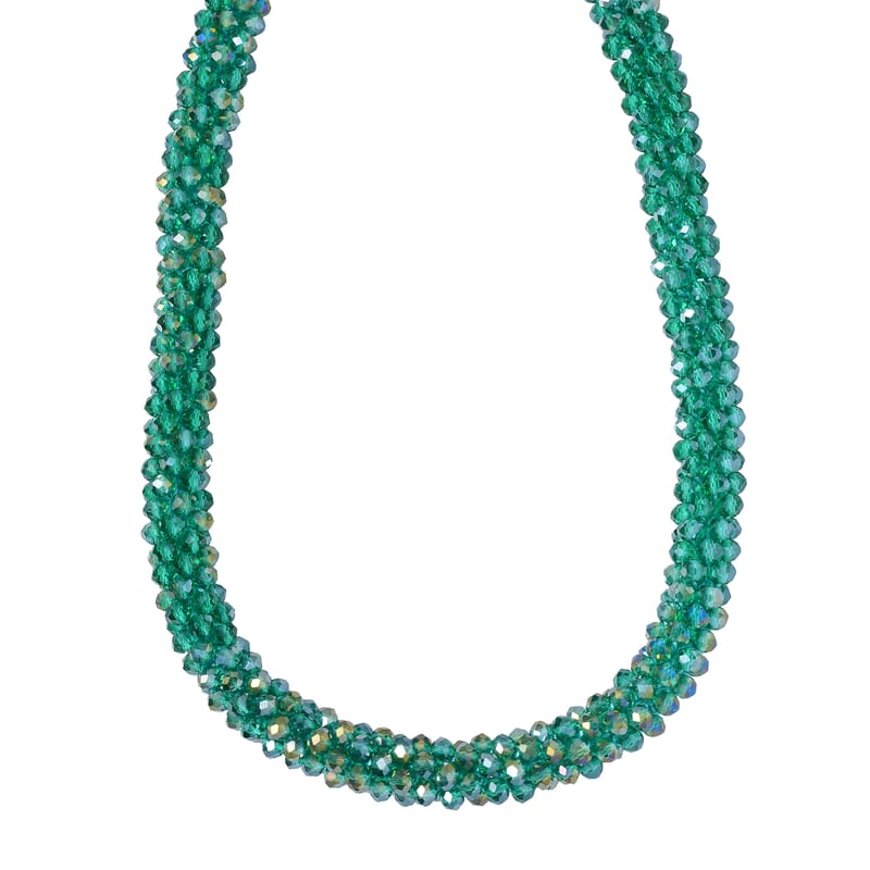 Green Magic Color Glass Beaded Necklace in Silvertone 20-20 Inches