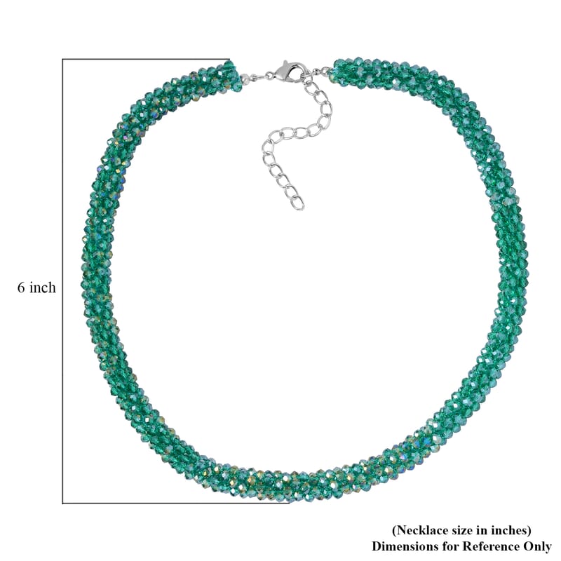 Green Magic Color Glass Beaded Necklace in Silvertone 20-20 Inches