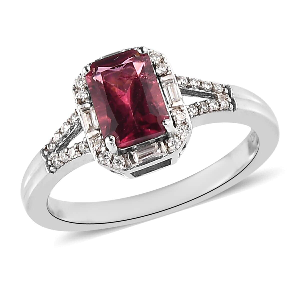 Radiant Cut Ouro Fino Rubellite and Moissanite Split Shank Ring in Platinum Over Sterling Silver (Size 6.0) 1.00 ctw image number 0