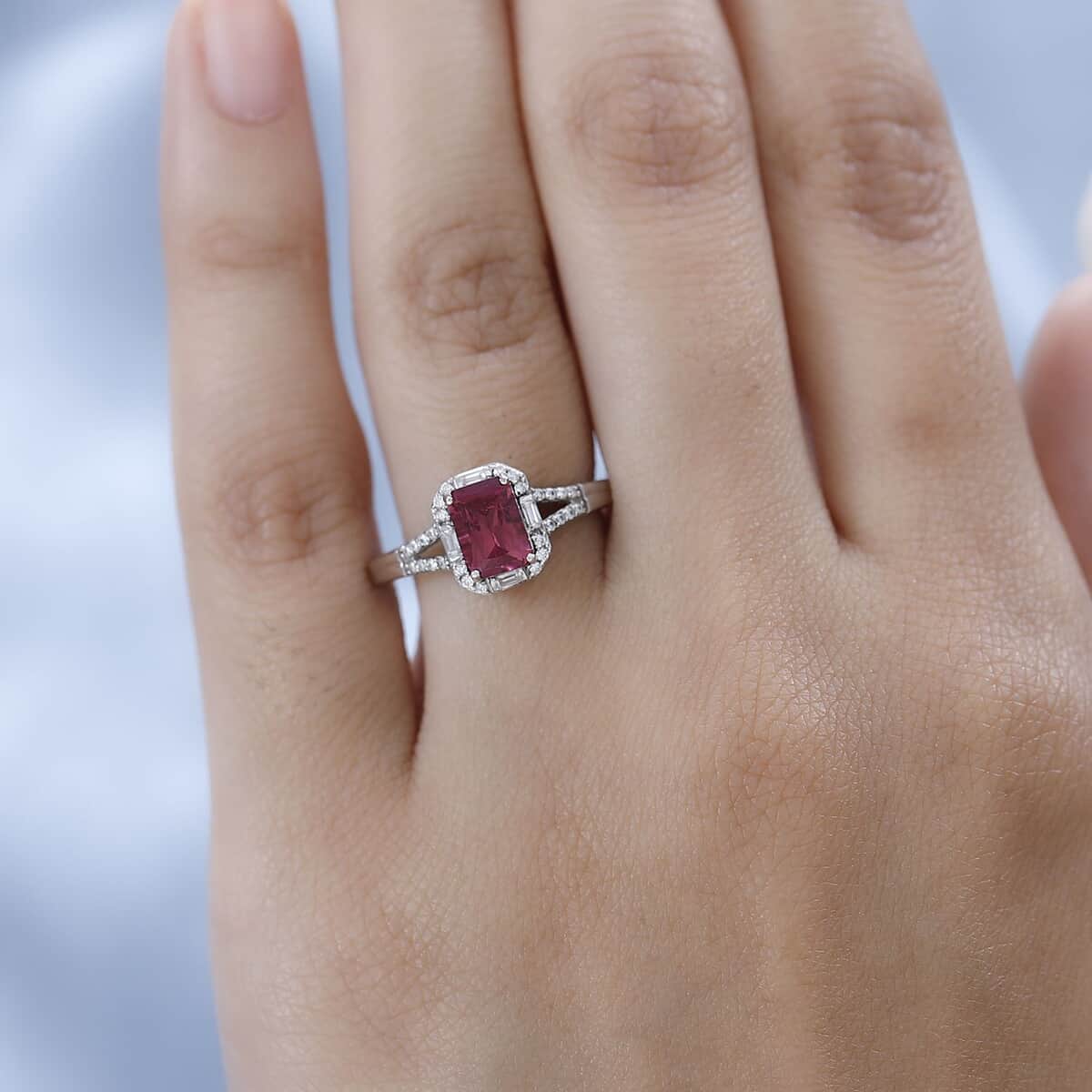 Radiant Cut Ouro Fino Rubellite and Moissanite Split Shank Ring in Platinum Over Sterling Silver (Size 6.0) 1.00 ctw image number 2