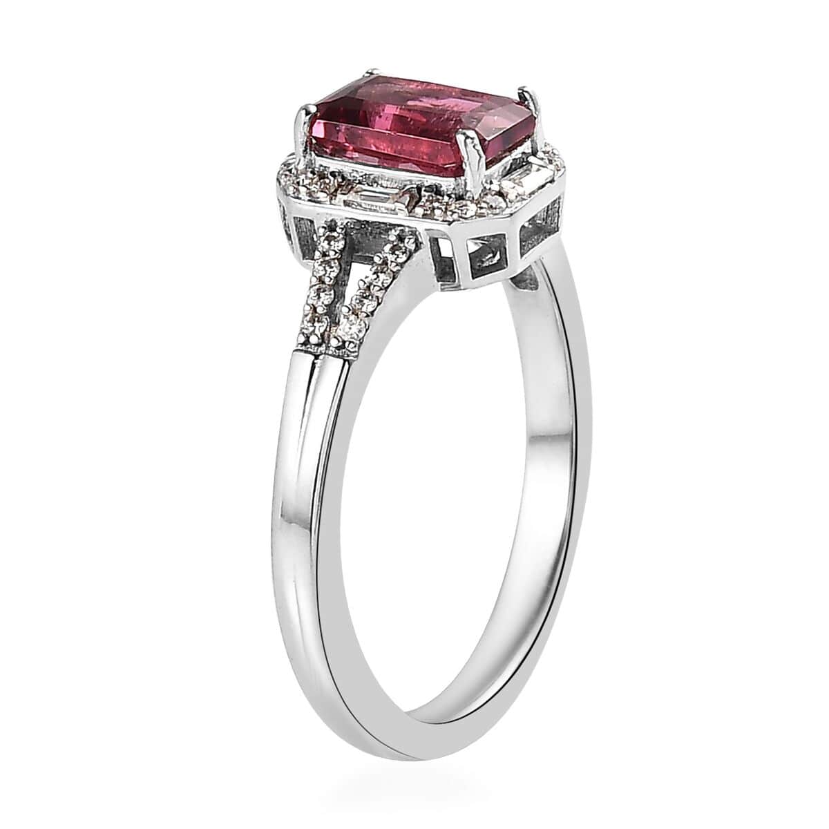 Radiant Cut Ouro Fino Rubellite and Moissanite Split Shank Ring in Platinum Over Sterling Silver (Size 6.0) 1.00 ctw image number 3