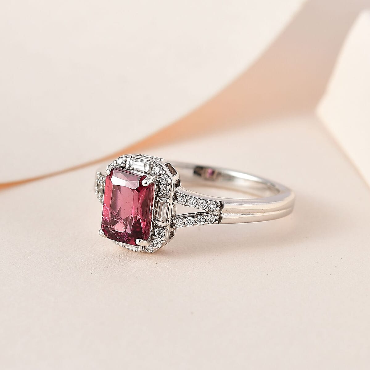 Radiant Cut Ouro Fino Rubellite and Moissanite Split Shank Ring in Platinum Over Sterling Silver (Size 7.0) 1.00 ctw image number 1