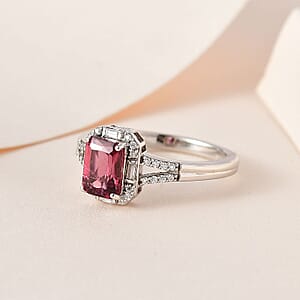 Radiant Cut Ouro Fino Rubellite and Moissanite Split Shank Ring in Platinum Over Sterling Silver (Size 7.0) 1.00 ctw