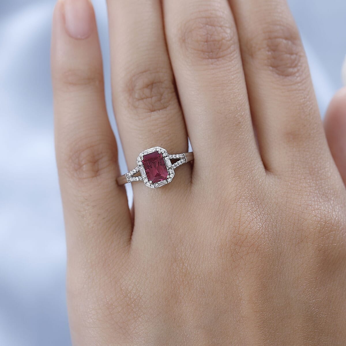 Radiant Cut Ouro Fino Rubellite and Moissanite Split Shank Ring in Platinum Over Sterling Silver (Size 7.0) 1.00 ctw image number 2