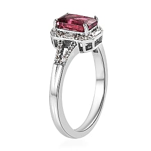 Radiant Cut Ouro Fino Rubellite and Moissanite Split Shank Ring in Platinum Over Sterling Silver (Size 7.0) 1.00 ctw